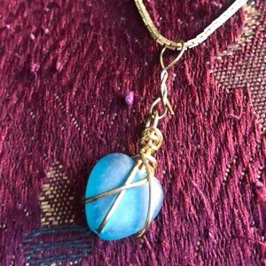 Blue Heart Pendant Necklace with Gold Wire Wrap CDC